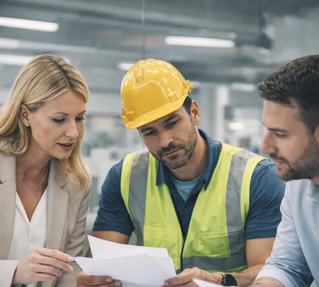 Profissionais analisando documentos de segurança do trabalho